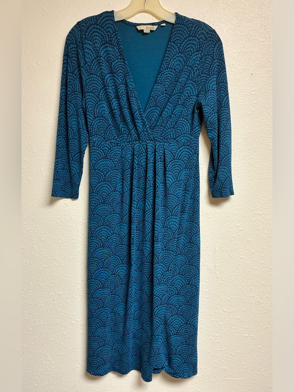 Dress Boden Women's Blue Geometric Knit V-Neck Midi Sheath Dress 3/4 Sleeve Sz 6